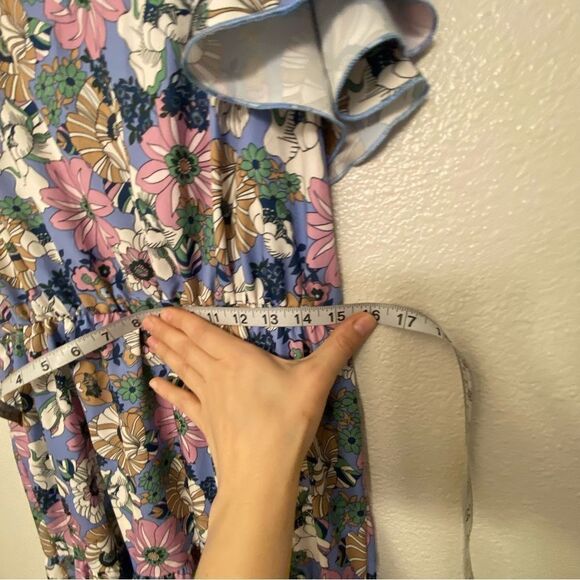 Floral print boho tiered v neck ruffle flutter sleeve purple Maxi summer Dress L - Picture 8 of 10